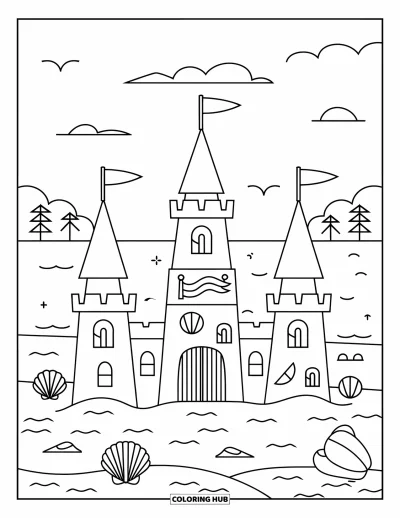 Coloriage summer preppy pour enfants : Un grand château de sable avec des drapeaux entouré de coquillages