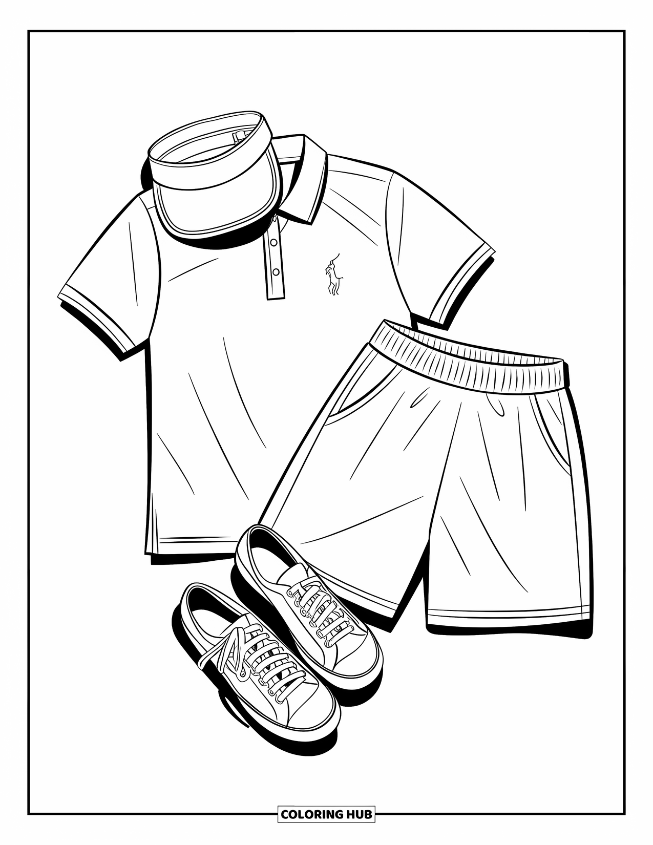 Summer Preppy Coloring Page for Kids: A tennis outfit with a polo, visor, and sneakers lays ready for play