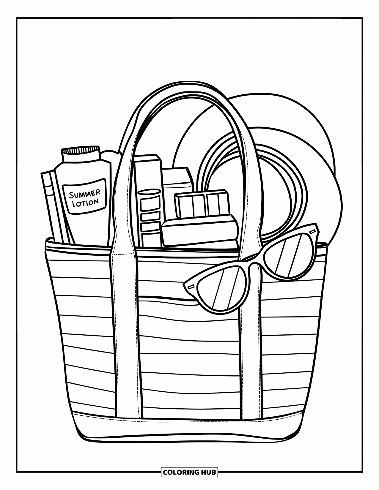 Summer Preppy Coloring Page for Kids: A tote packed with books, sunglasses, and a hat sits ready for fun