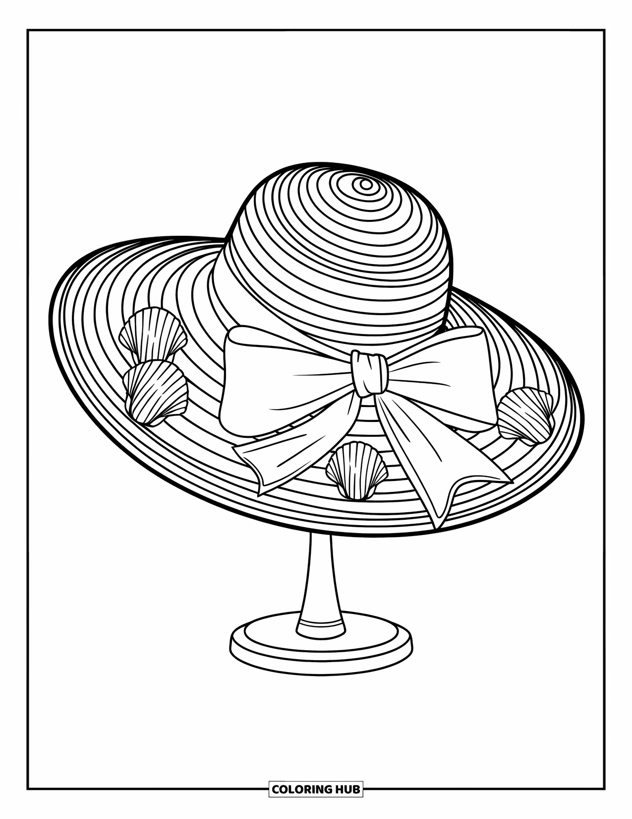 Summer Preppy Coloring Page for Kids: A wide-brimmed hat with a bow sits surrounded by seashells