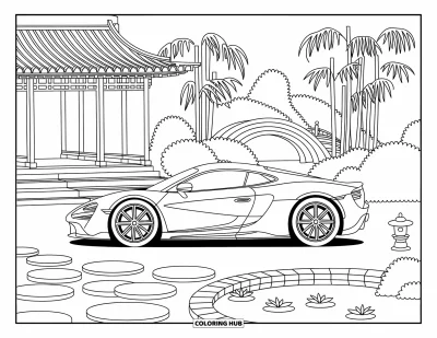 Supercarvärityskuva aikuisille: Suloinen supercar odottaa rauhallisessa puutarhassa lyhtyjn, liljankukkien ja pajujen seurassa