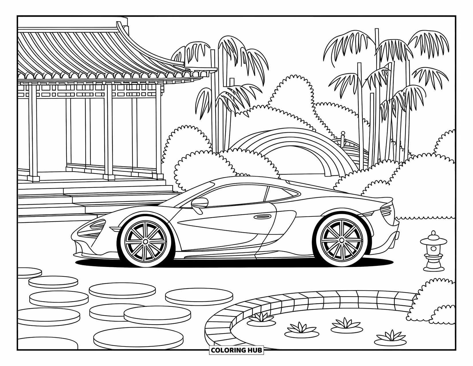 Supercar Coloring Page for Adults: A charming supercar waits in a serene garden with lanterns, lily pads, and willows