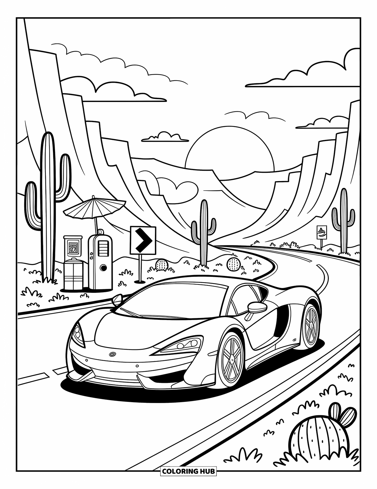 Supercar Coloring Page for Adults: A cute supercar races through desert roads past giant cacti and winding signs