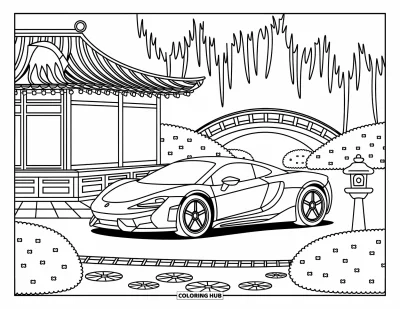 Supercarvärityskuva aikuisille: Söpö supercar lepää koi-lammen äärellä rauhallisessa japanilaisessa puutarhassa