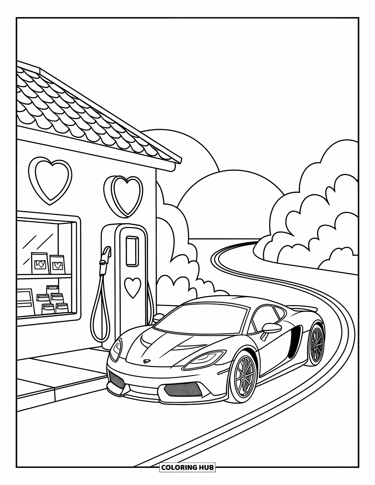 Supercar Coloring Page for Adults: A kawaii car fuels up at a soft, round gas station in the hills