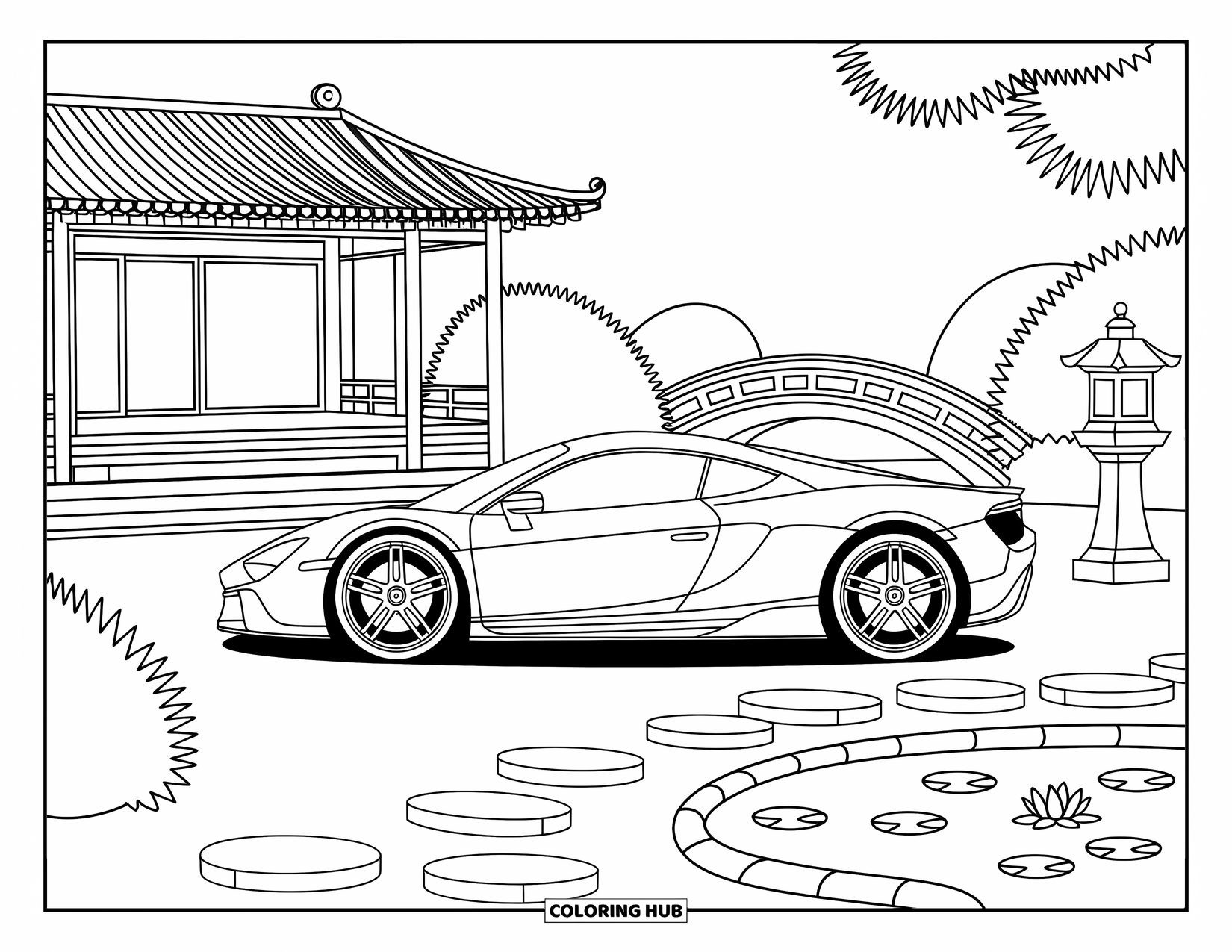 Supercar Coloring Page for Adults: A kawaii car pauses quietly near a koi pond and bamboo fence