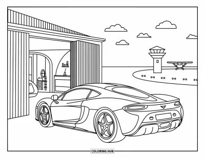 Supercarvärityskuva aikuisille: Pyöreähkö supercar odottaa viihtyisän hallin ja pistepilkutun kiitoradan lähellä