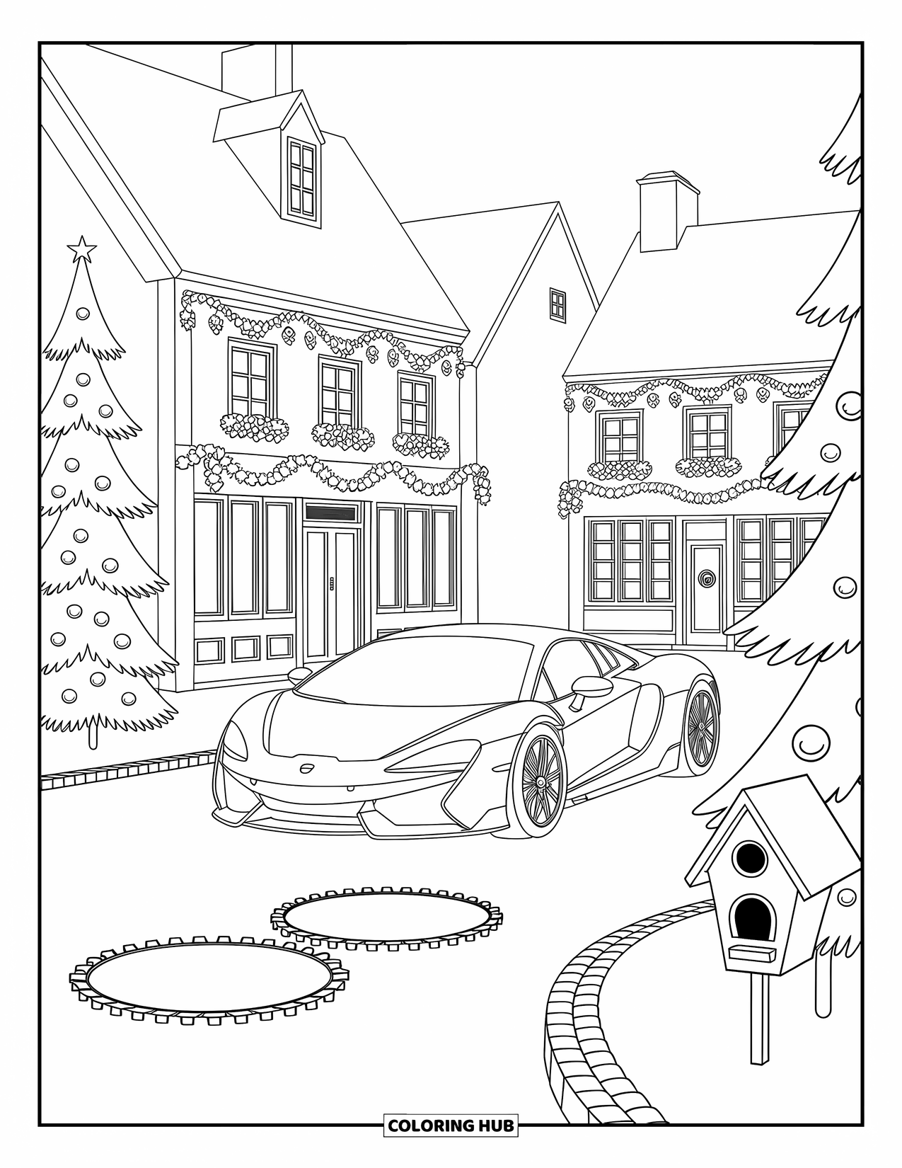 Supercar Coloring Page for Adults: A snow-dusted supercar glows beside twinkling storefronts and decorated pine trees