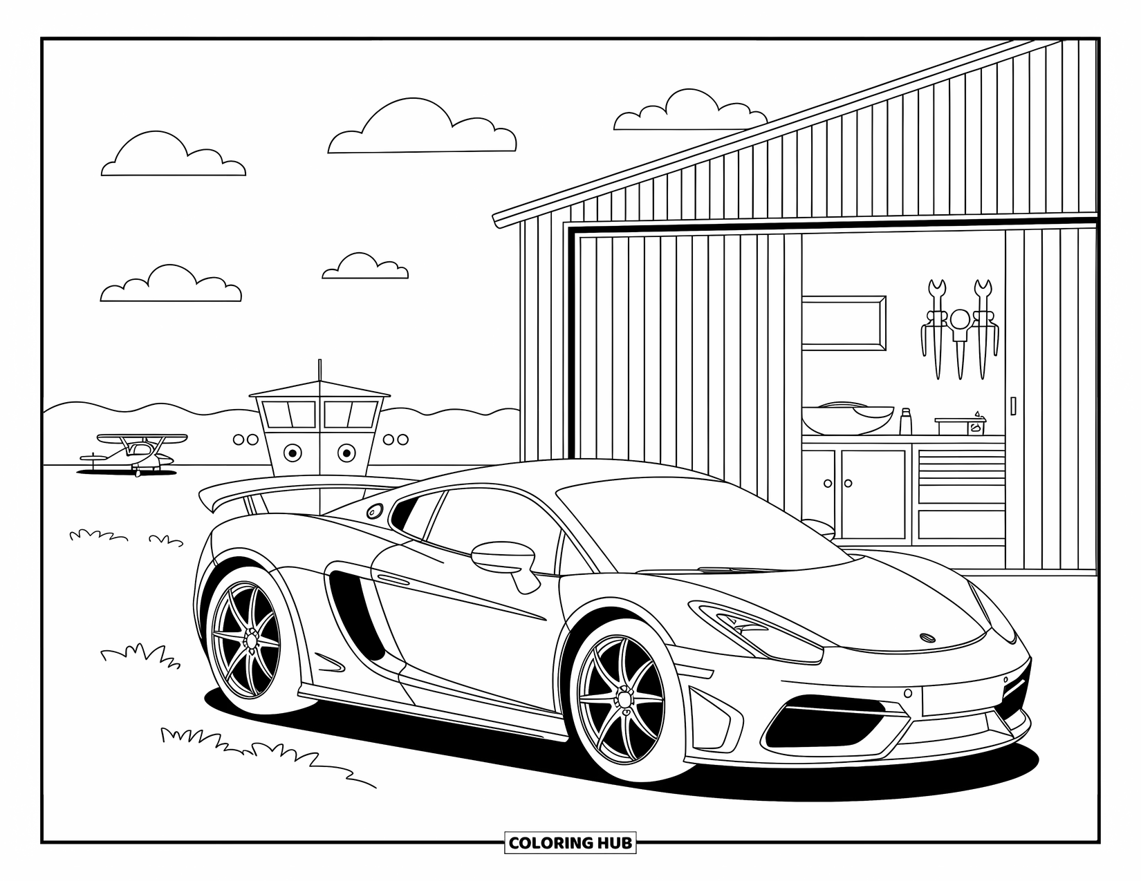 Supercar Coloring Page for Adults: A stylish supercar parks near a cozy hangar with planes and fluffy clouds