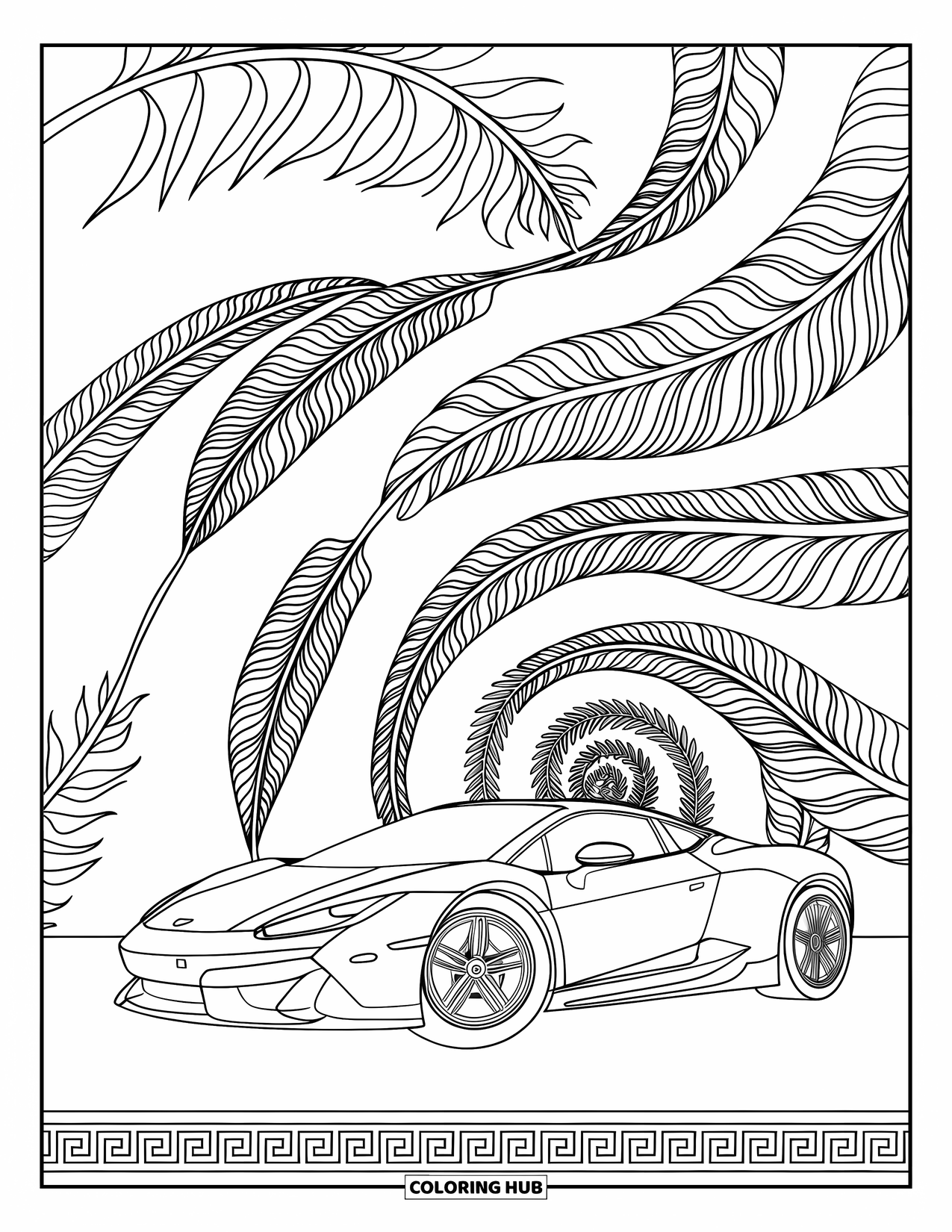 Supercar Coloring Page for Adults: A supercar drives through spiraling vines and tropical leaves