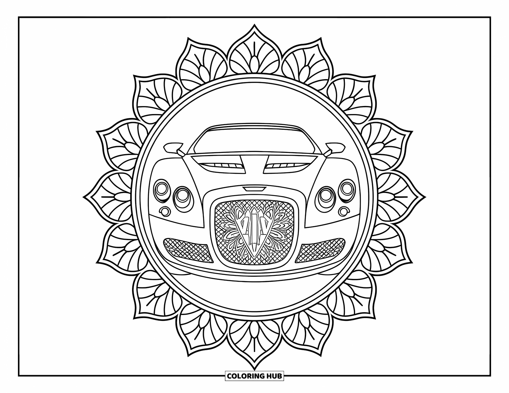 Supercar Coloring Page for Adults: A supercar grille sits at the center of a floral lotus mandala
