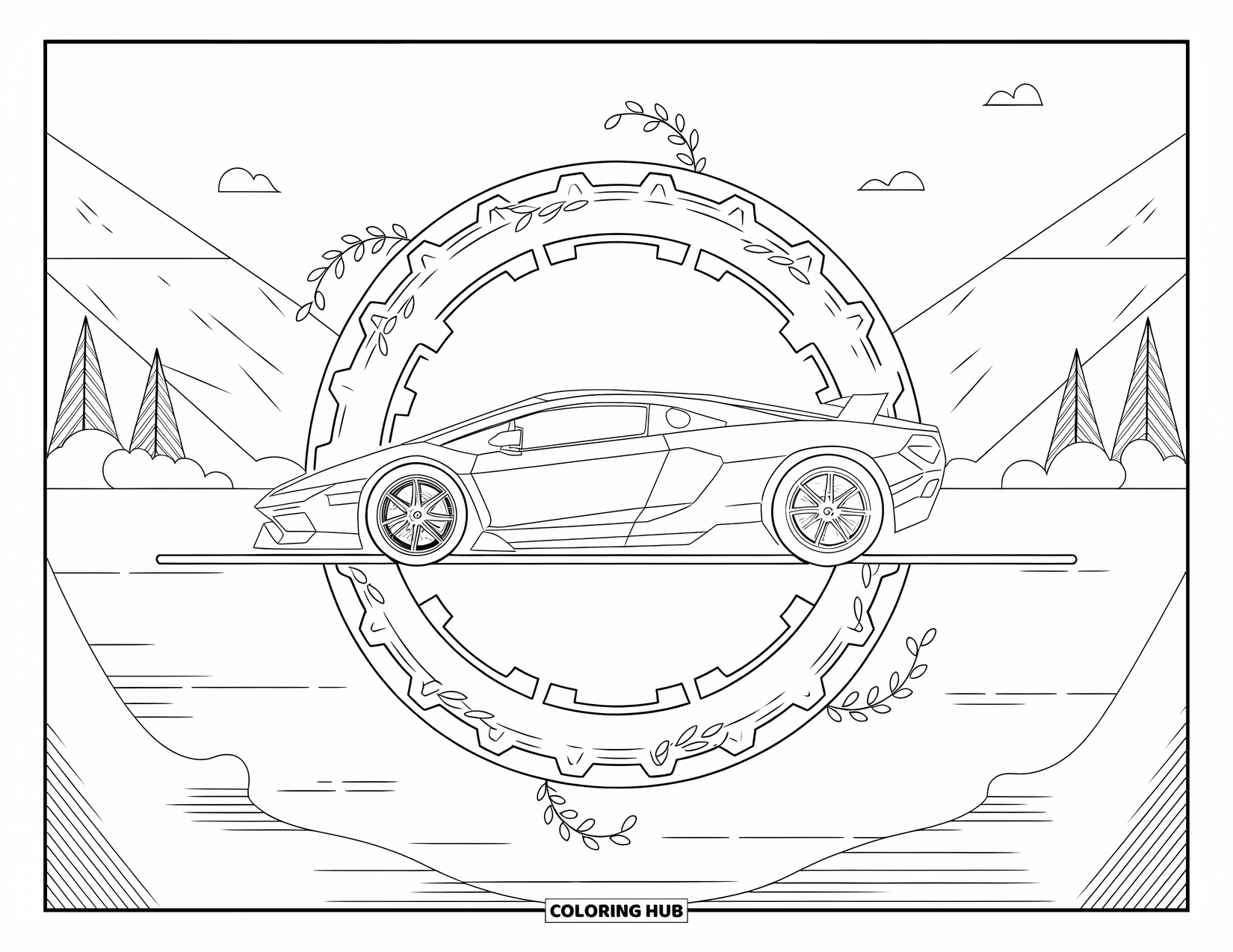 Supercar Coloring Page for Adults: A supercar sits inside a circle of gears and vines against a mountain backdrop