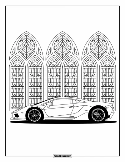 Supercarvärityskuva aikuisille: Rohkea supercar kaarikatedraalin ikkunoiden vieressä lasimaalauskoristeineen