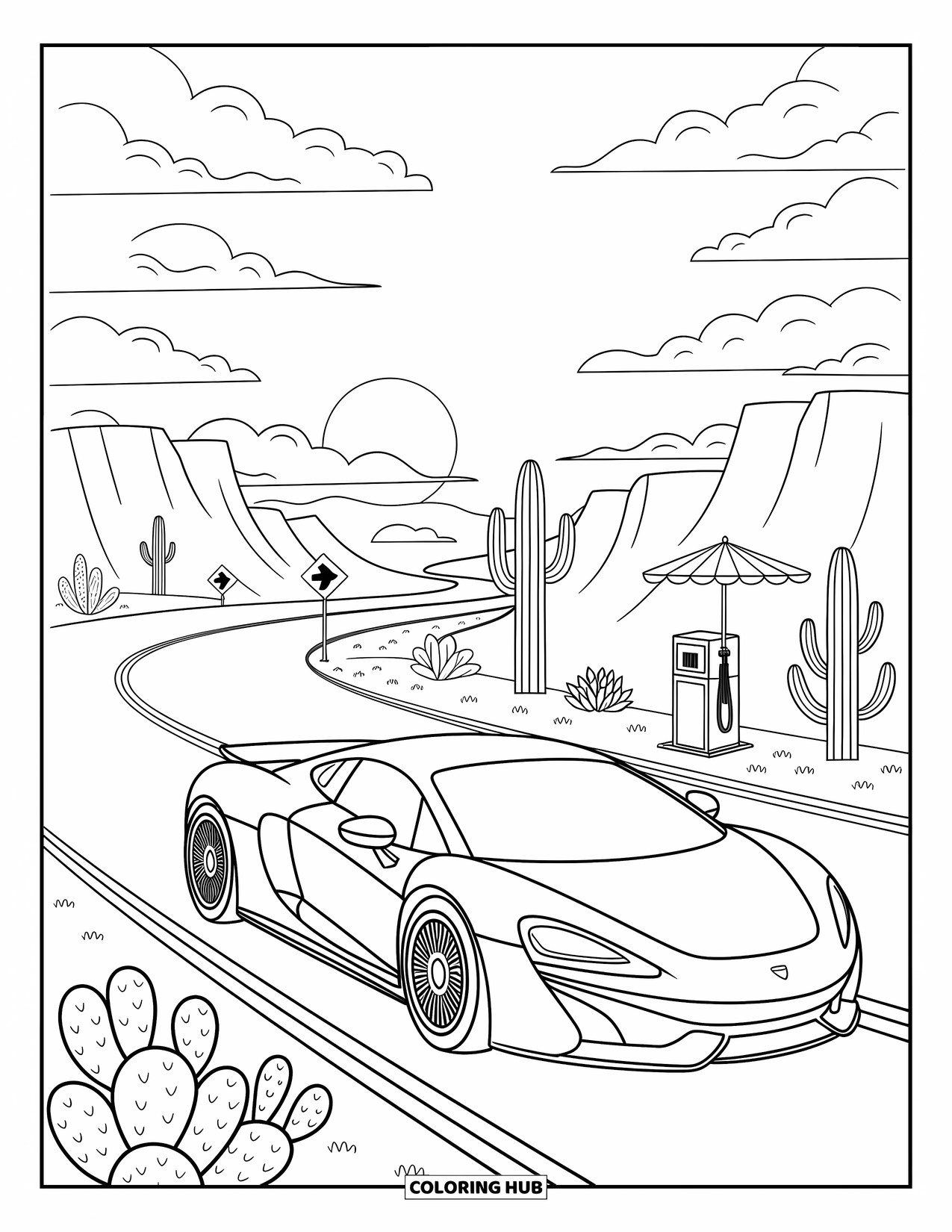 Supercar Coloring Page for Adults: Desert breeze follows a supercar past cliffs, cacti, and an old gas station