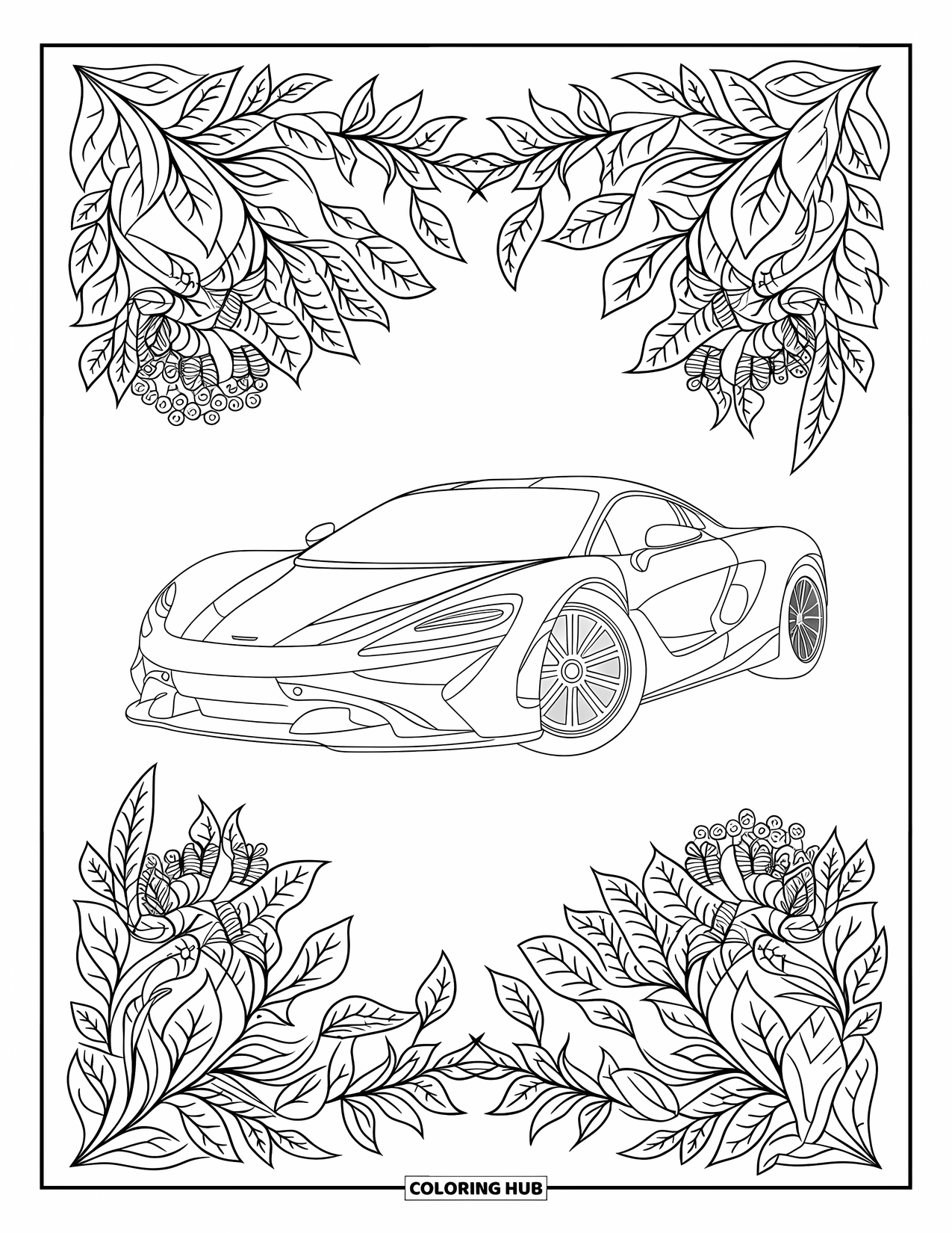 Supercar Coloring Page for Adults: Front-facing supercar framed by botanical mandala patterns
