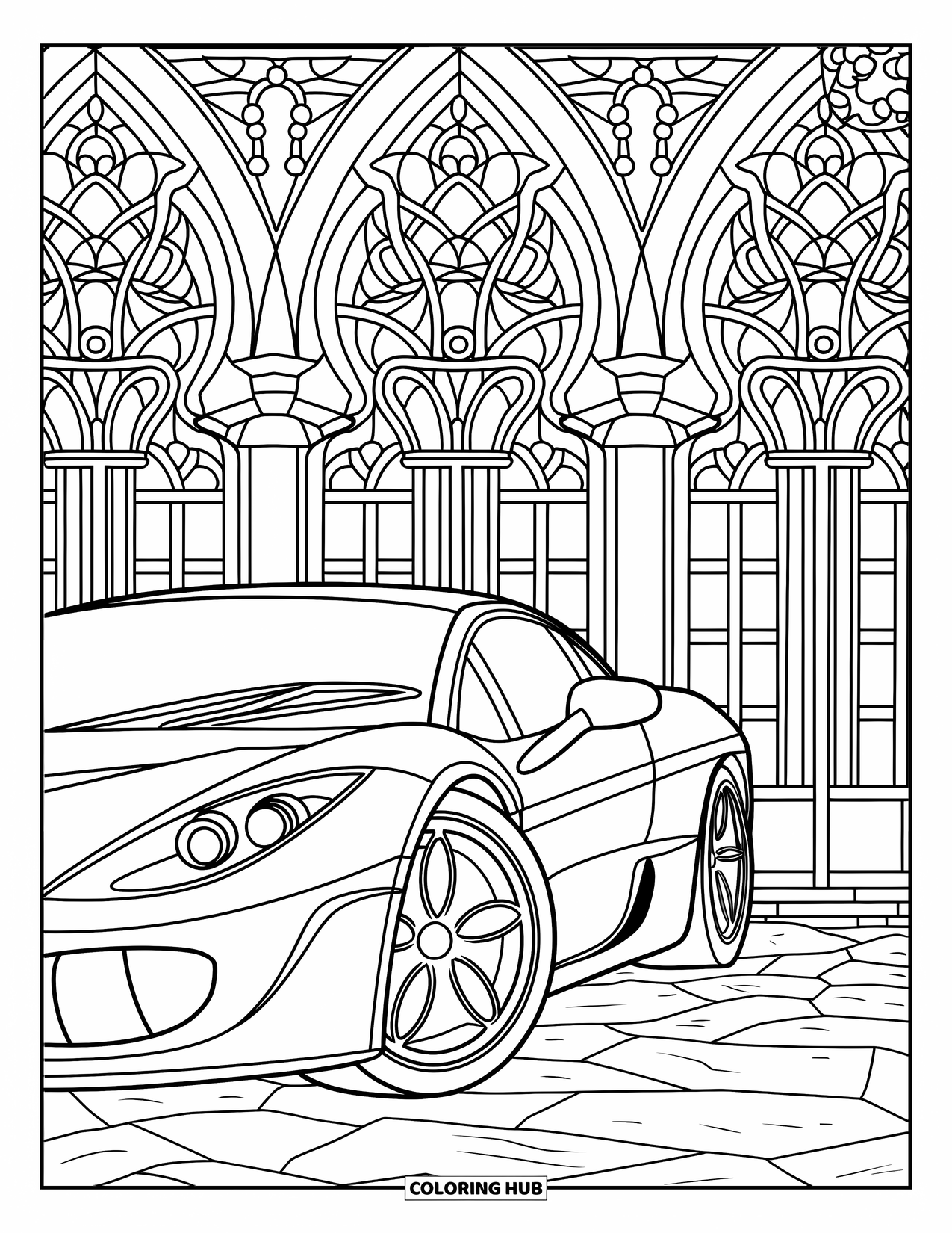 Supercar Coloring Page for Adults: Sleek lines meet swirling stained glass arches behind a supercar