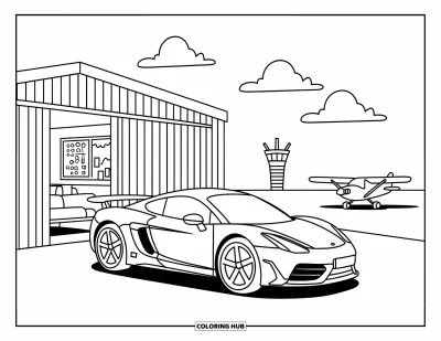 Supercarvärityskuva aikuisille: Supercar avoimen hallin lähellä työkalujen, kiitoratavalojen ja pienen lentokoneen seurassa