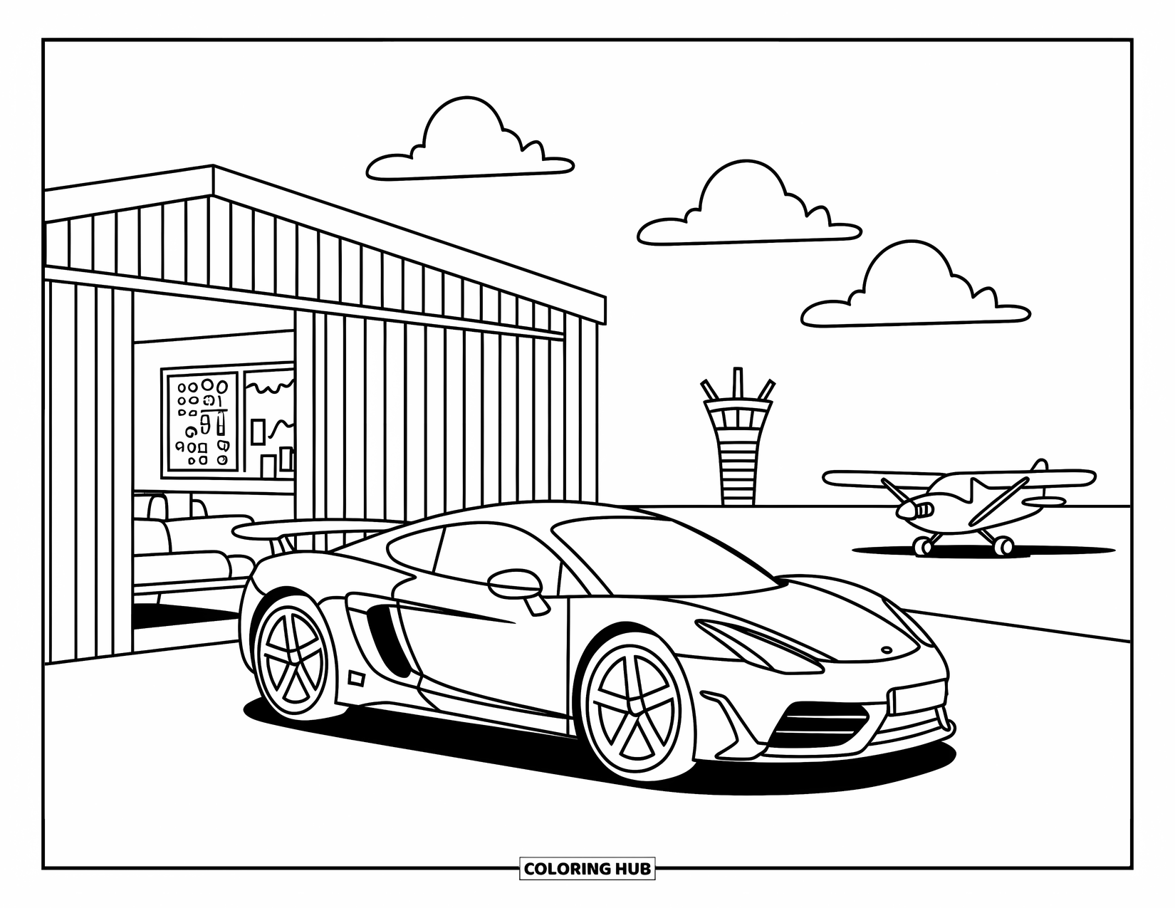 Supercar Coloring Page for Adults: Supercar rests near an open hangar with tools, runway lights, and a tiny plane