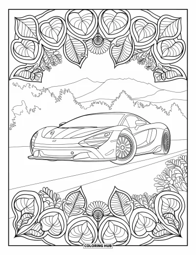 Supercarvärityskuva aikuisille: Supercar lehtitäyteisen kasvimandalan edessä