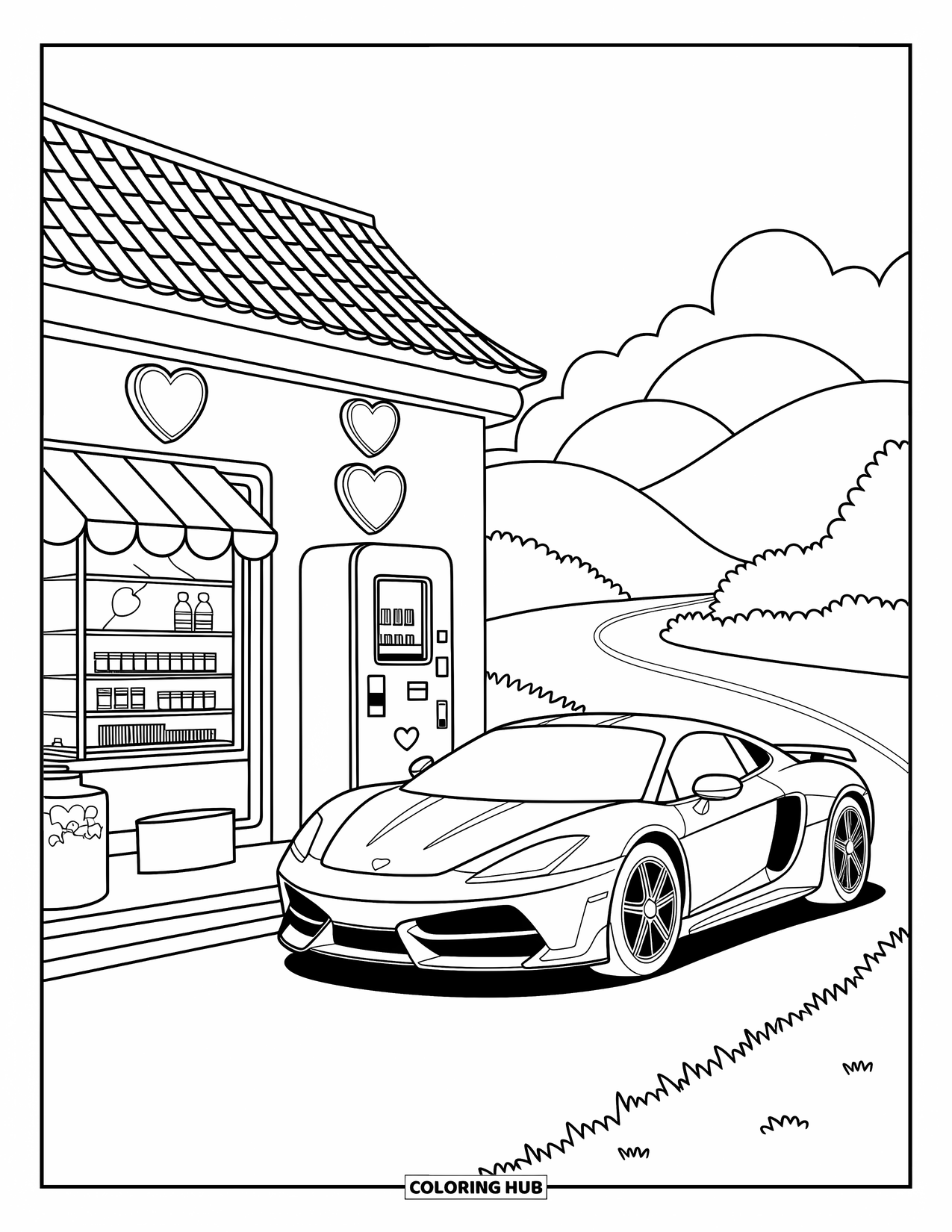 Supercar Coloring Page for Adults: Supercar waits at a round-roof station with hills, a vending machine, and soft signs