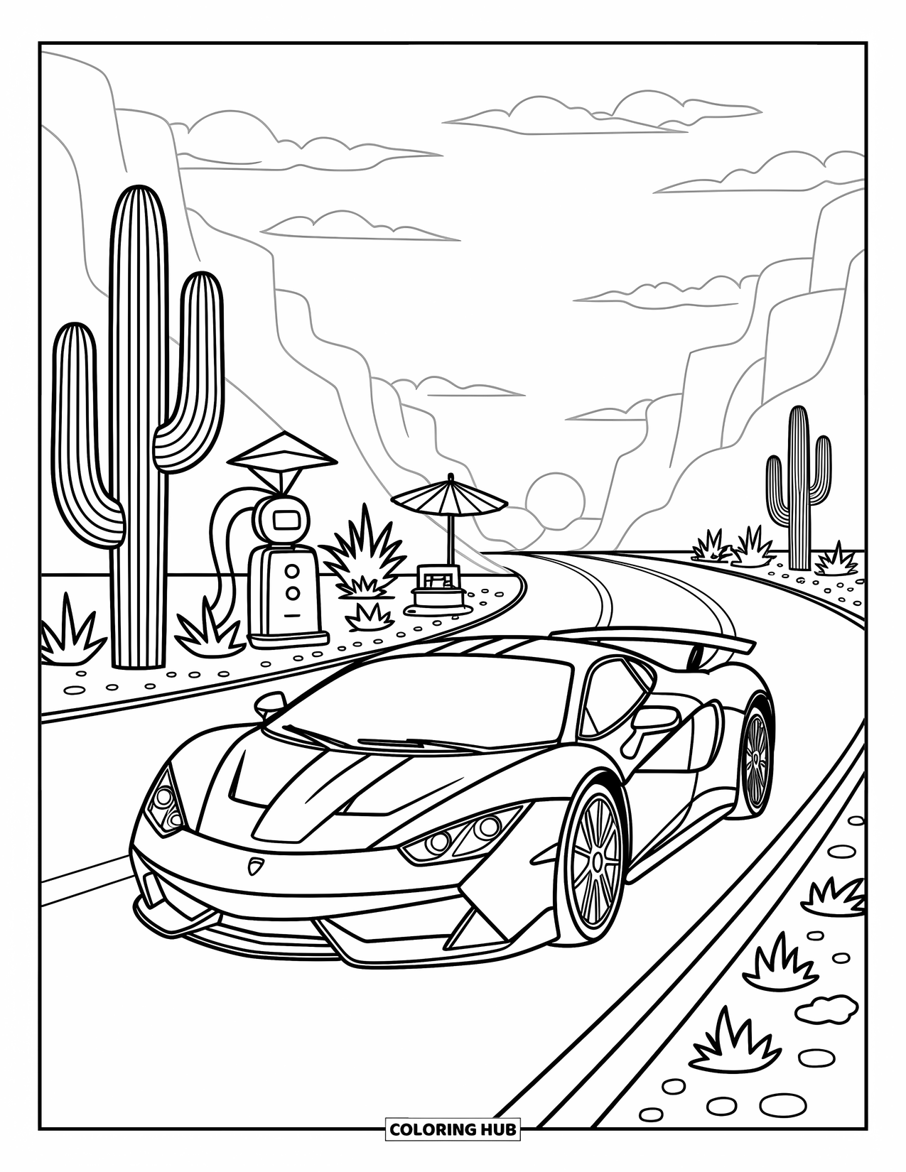 Supercar Coloring Page for Adults: Supercar zooms through a desert highway with cacti, rocks, and a vintage gas stand