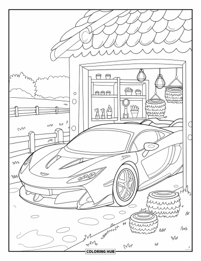 Supercarvärityskuva lapsille: Kawaii-supercar hymyilee hiljaa viihtyisässä maalaistallissa