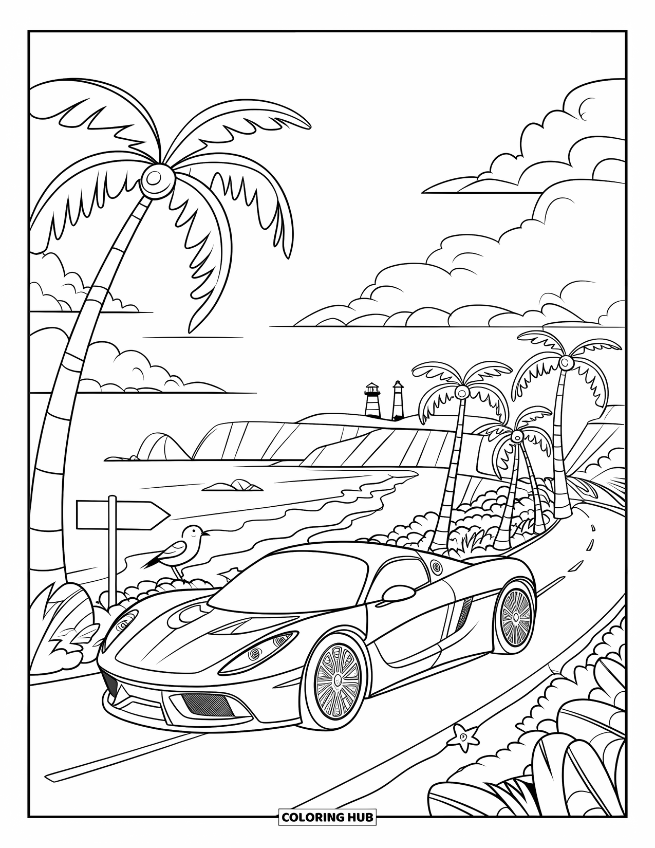 Supercar Coloring Page for Kids: A low-slung supercar enjoys a seaside view with cliffs and a lighthouse