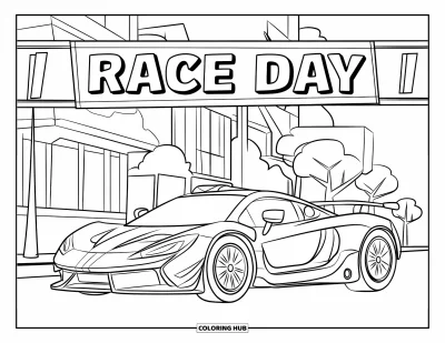 Supercarvärityskuva lapsille: Leikkisä supercar seisoo bannerin alla, jossa lukee "Race Day"
