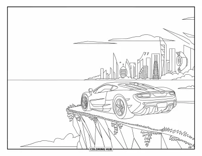 Supercarvärityskuva lapsille: Virtaviivainen supercar kohtaa kaupungin korkeat futuristiset tornit