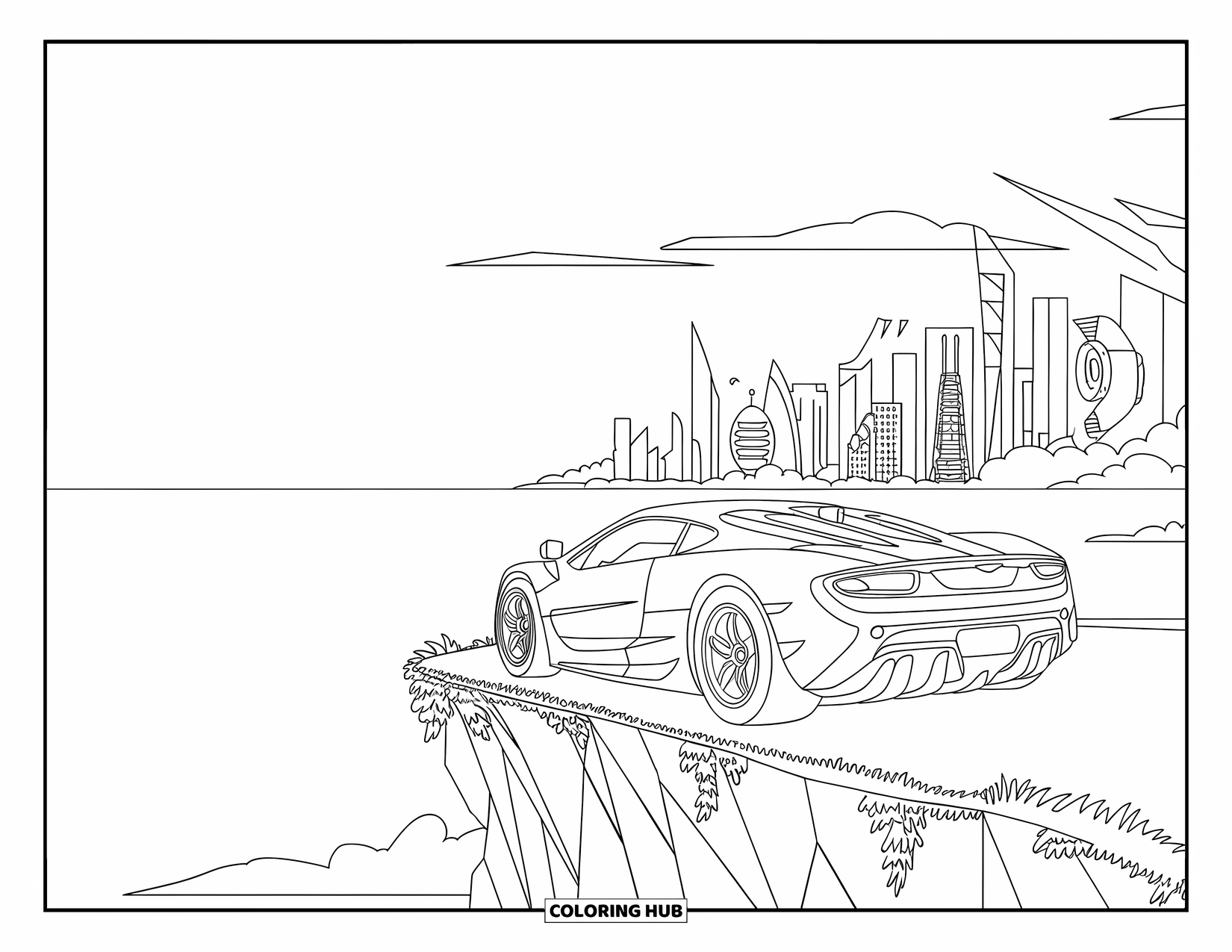 Supercar Coloring Page for Kids: A sleek supercar faces a city of tall, futuristic towers