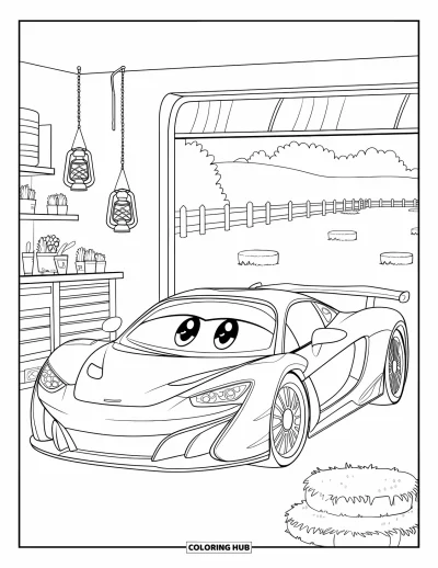 Supercarvärityskuva lapsille: Hymyilevä kawaii-supercar lepää viihtyisässä maalaistallissa