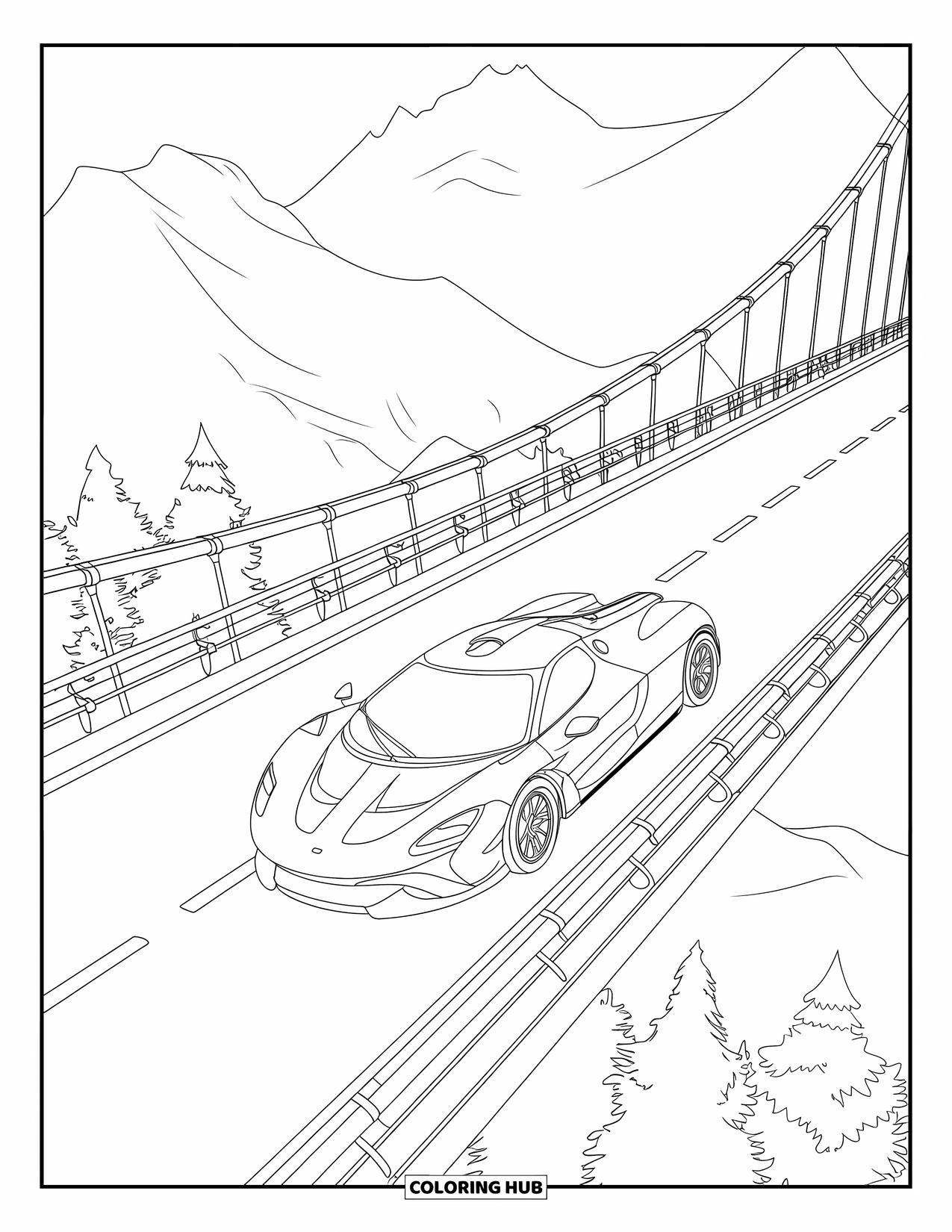 Supercar Coloring Page for Kids: A supercar crosses a mountain bridge with bold arches and guard rails