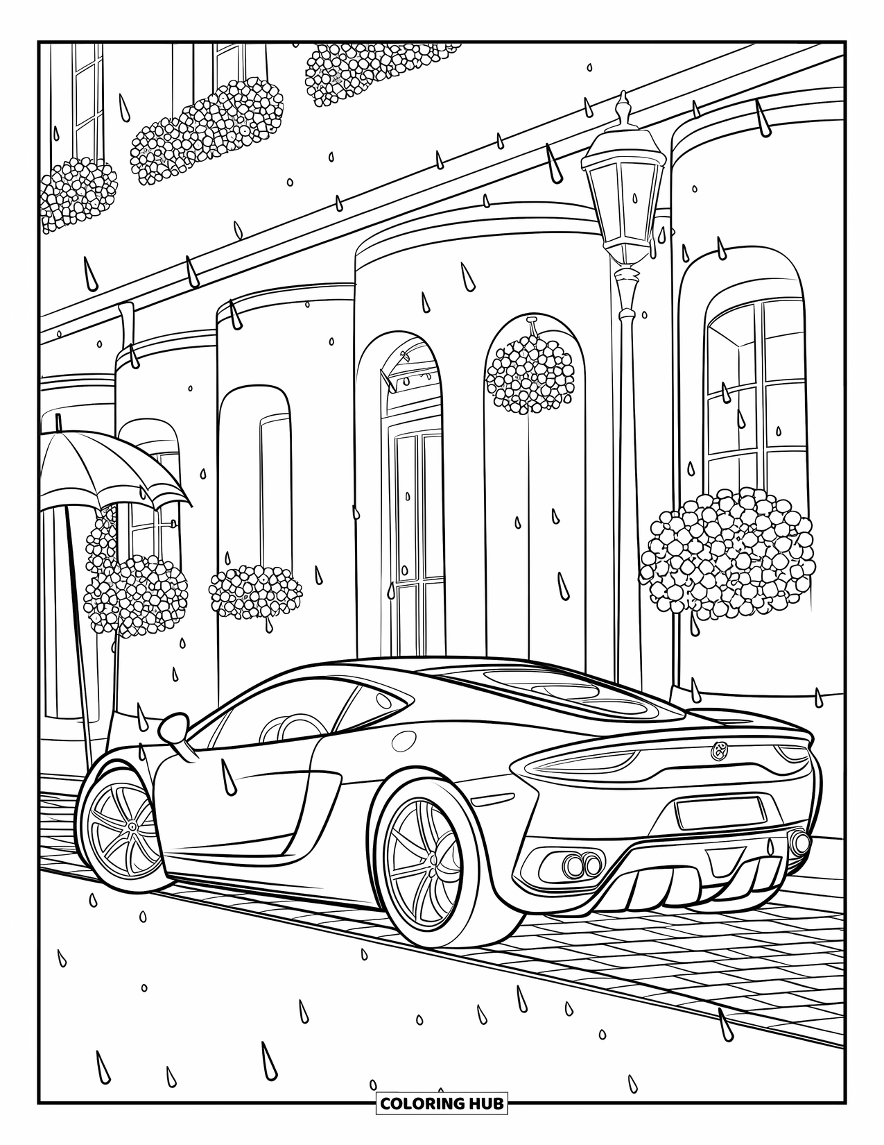 Supercar Coloring Page for Kids: A supercar parks on wet cobblestone beside flower-decked city buildings