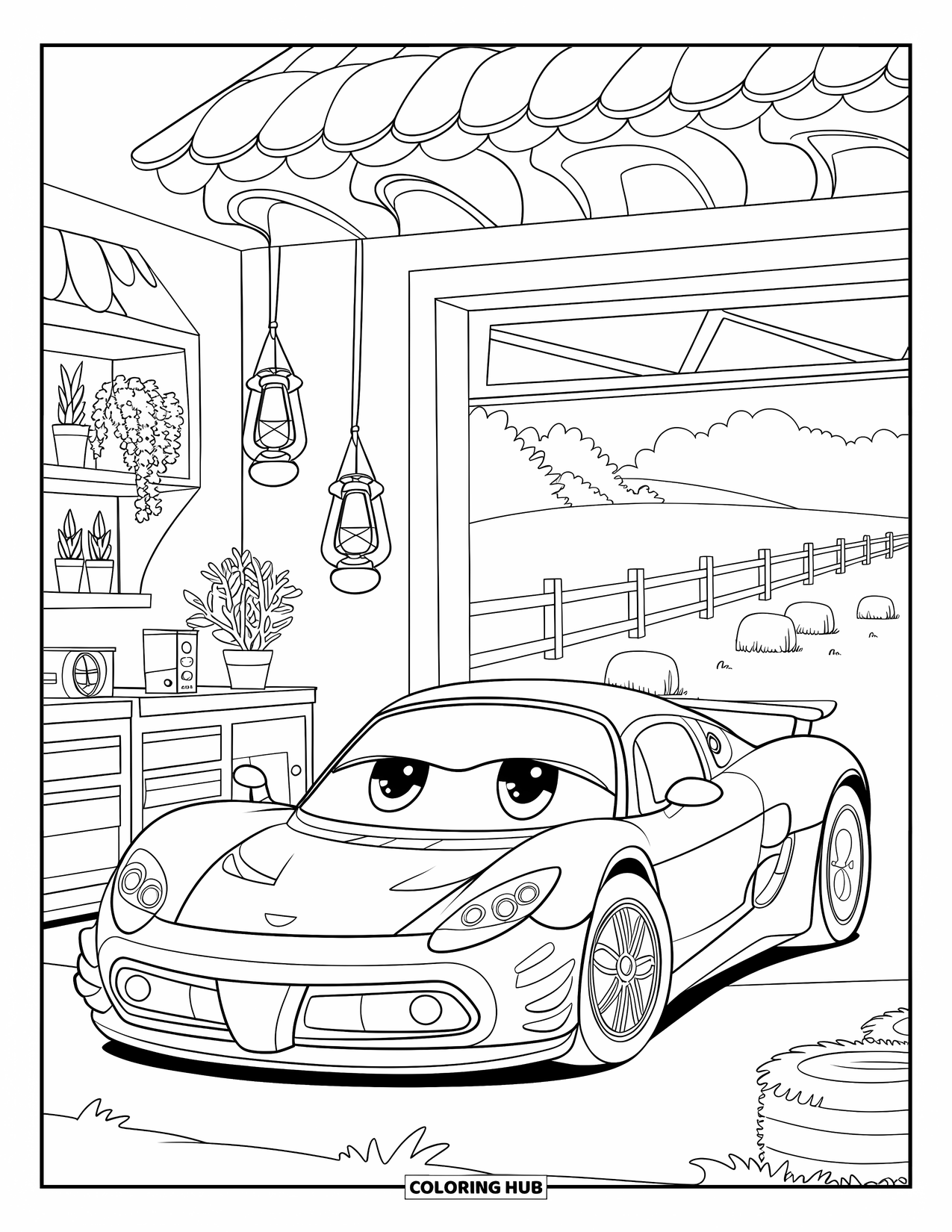 Supercar Coloring Page for Kids: Adorable supercar rests in a warm garage with plants and lanterns