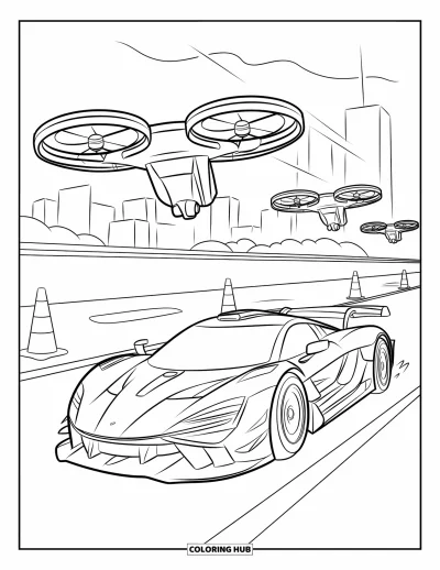 Supercarvärityskuva lapsille: Nopea supercar syöksyy ohjauskartion ja droonien ohi kaupunkiradalla