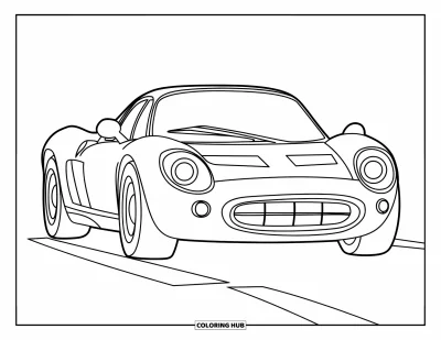 Supercarvärityskuva lapsille: Edestä kuvattu supercar isoilla ajovaloilla ja kaarevalla konepellillä