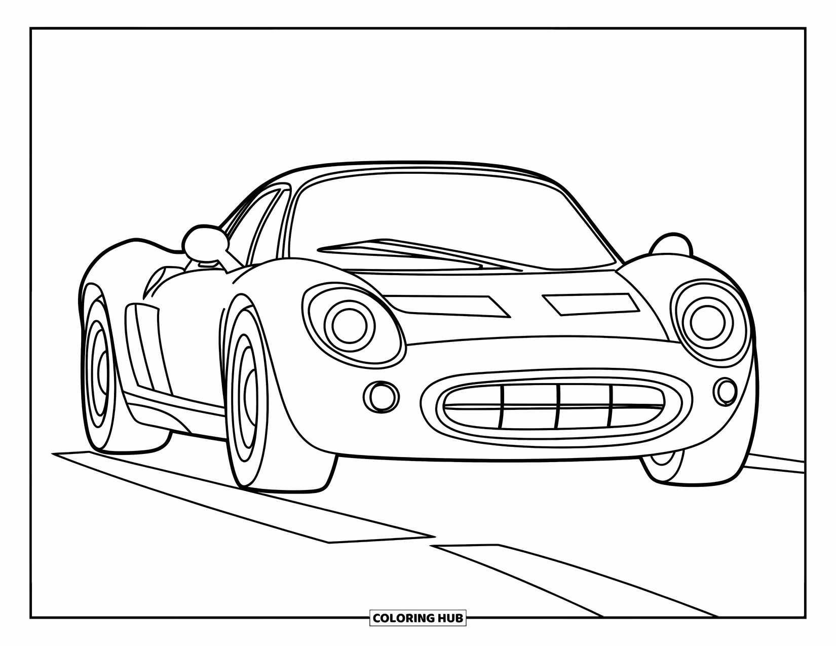 Supercar Coloring Page for Kids: Front-facing supercar with big headlights and a curved hood