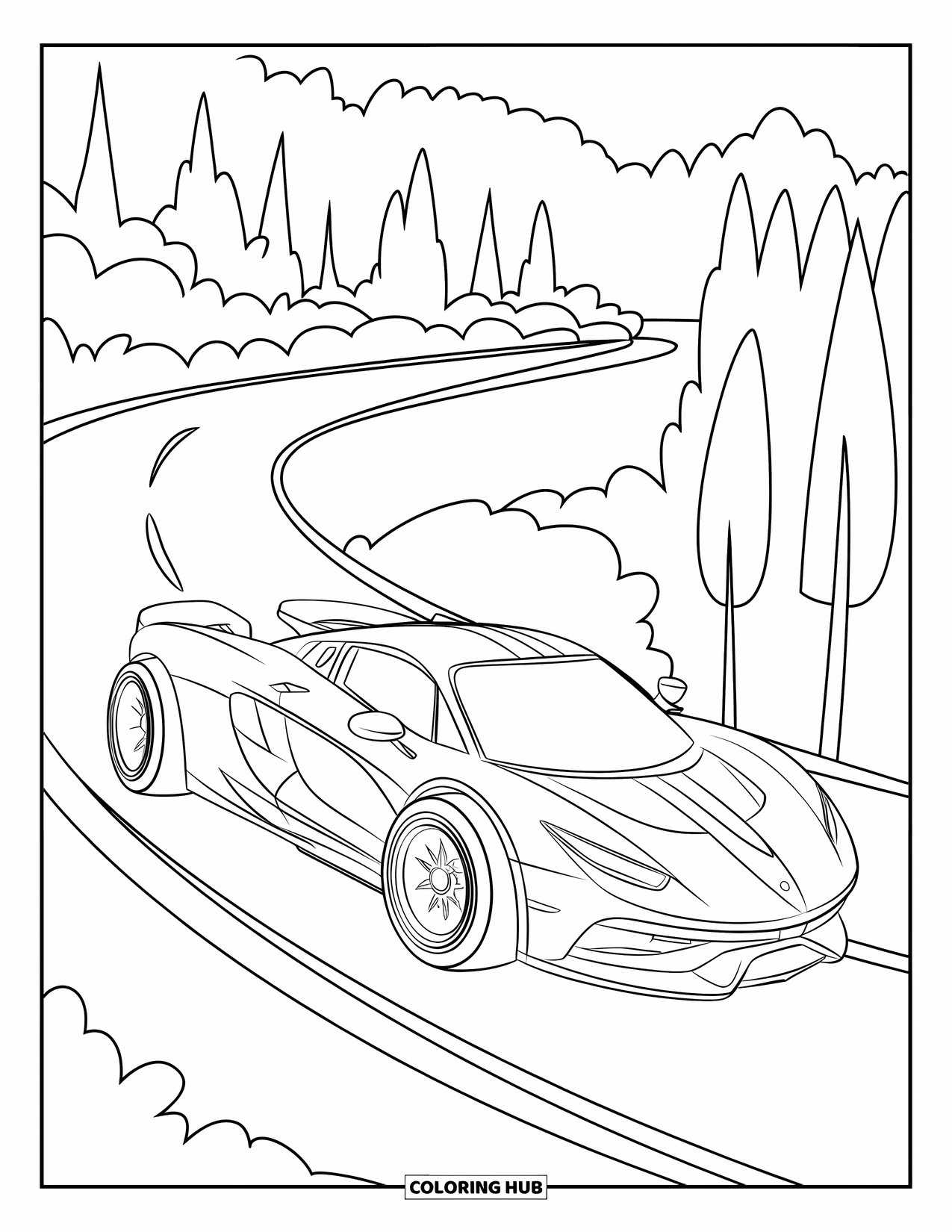 Supercar Coloring Page for Kids: Oversized tires carry a sleek car over rolling hills