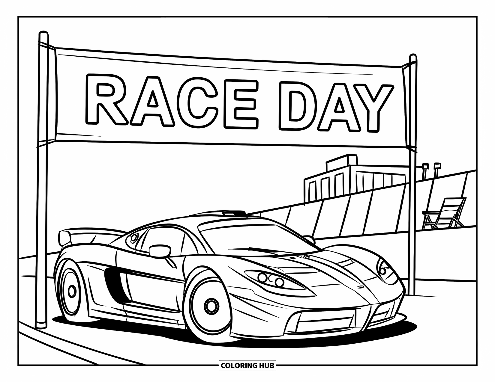 Supercar Coloring Page for Kids: ìRace Dayî banner hangs above a sleek car on the track