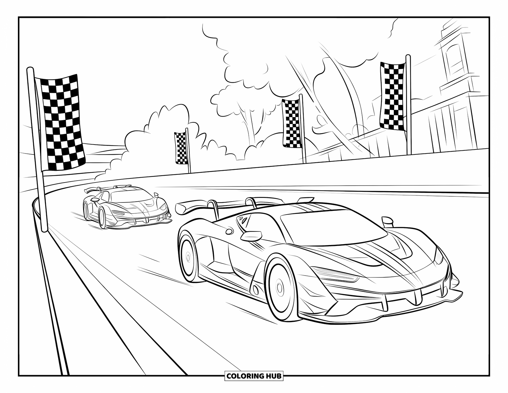 Supercar Coloring Page for Kids: Red and blue supercars race through a track lined with trees