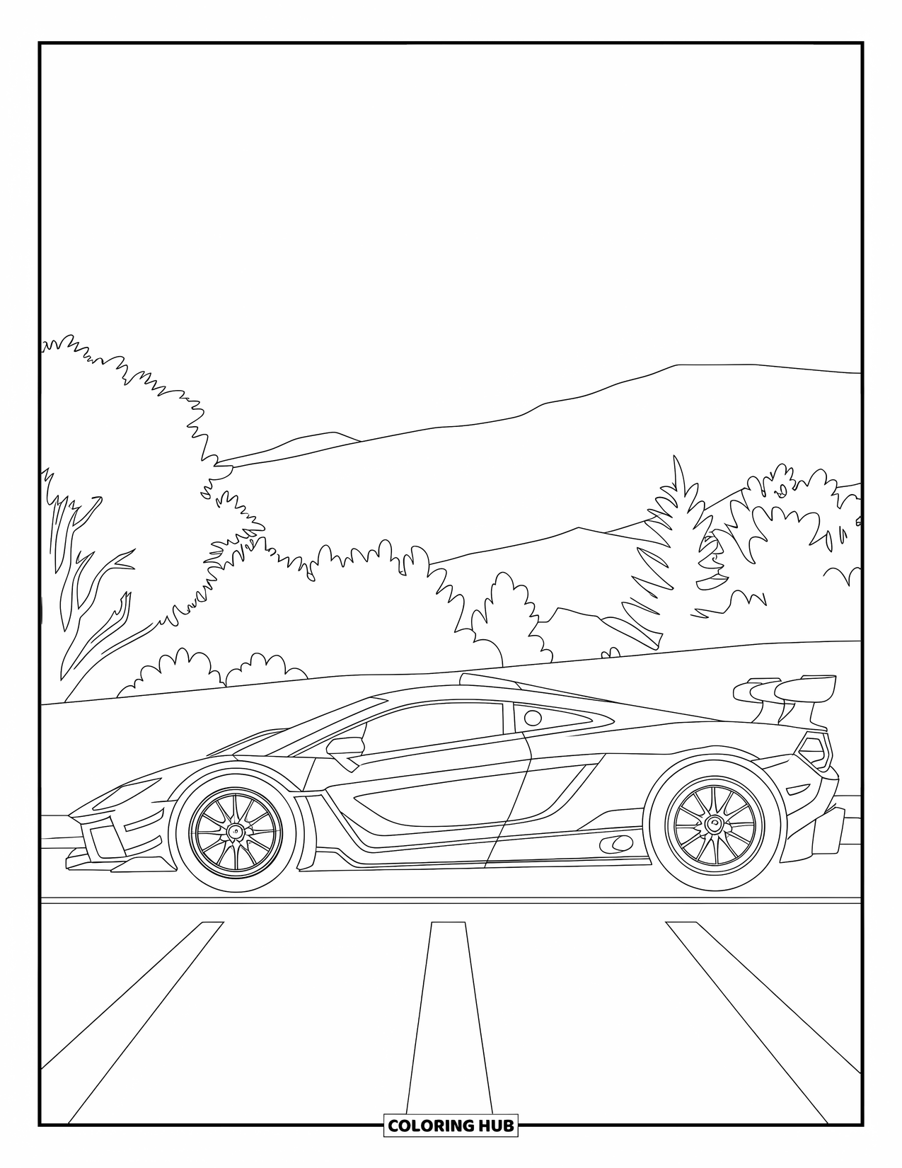Supercar Coloring Page for Kids: Side view of a supercar with big wheels parked in nature