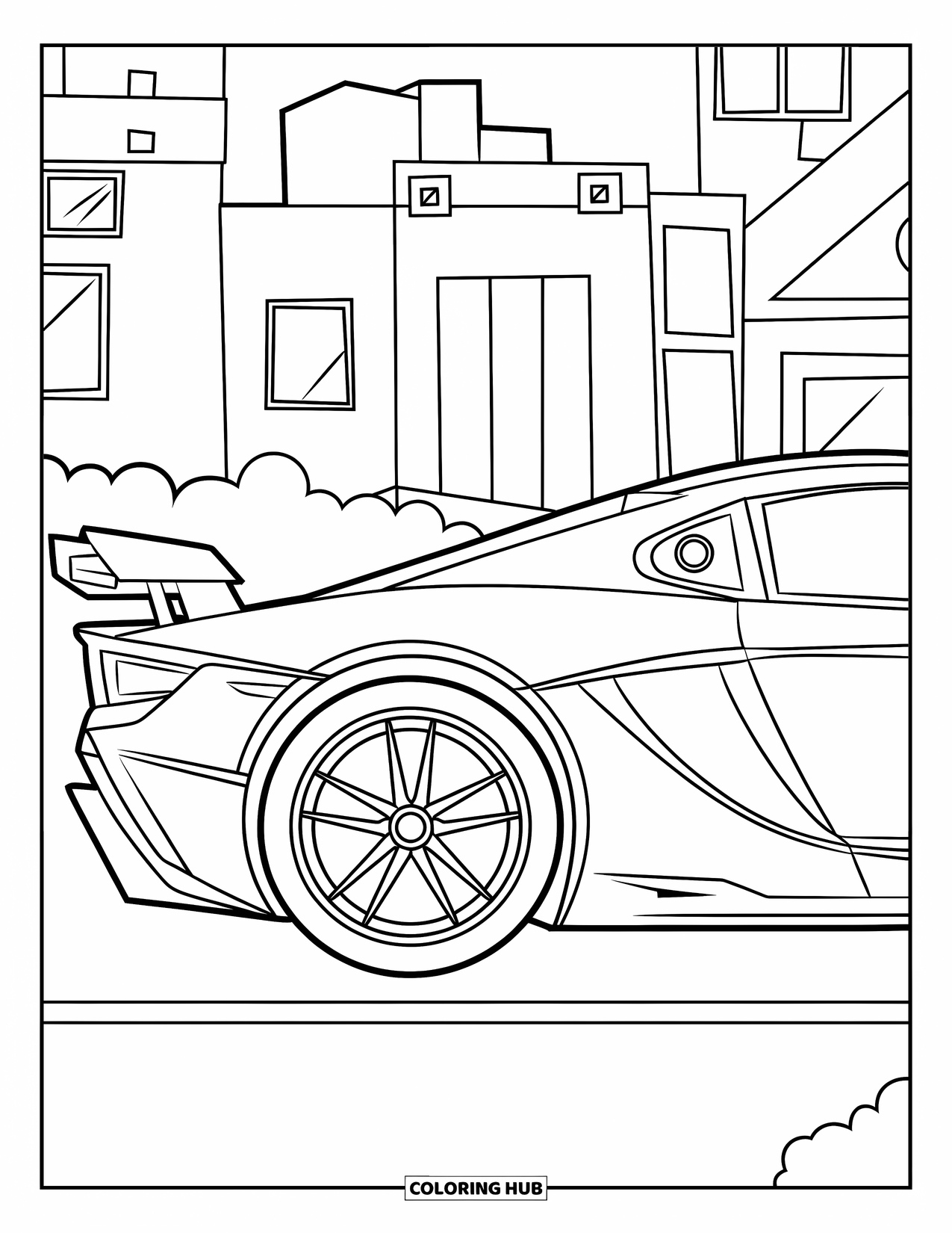 Supercar Coloring Page for Kids: Side view shows a bold car with large wheels near trees