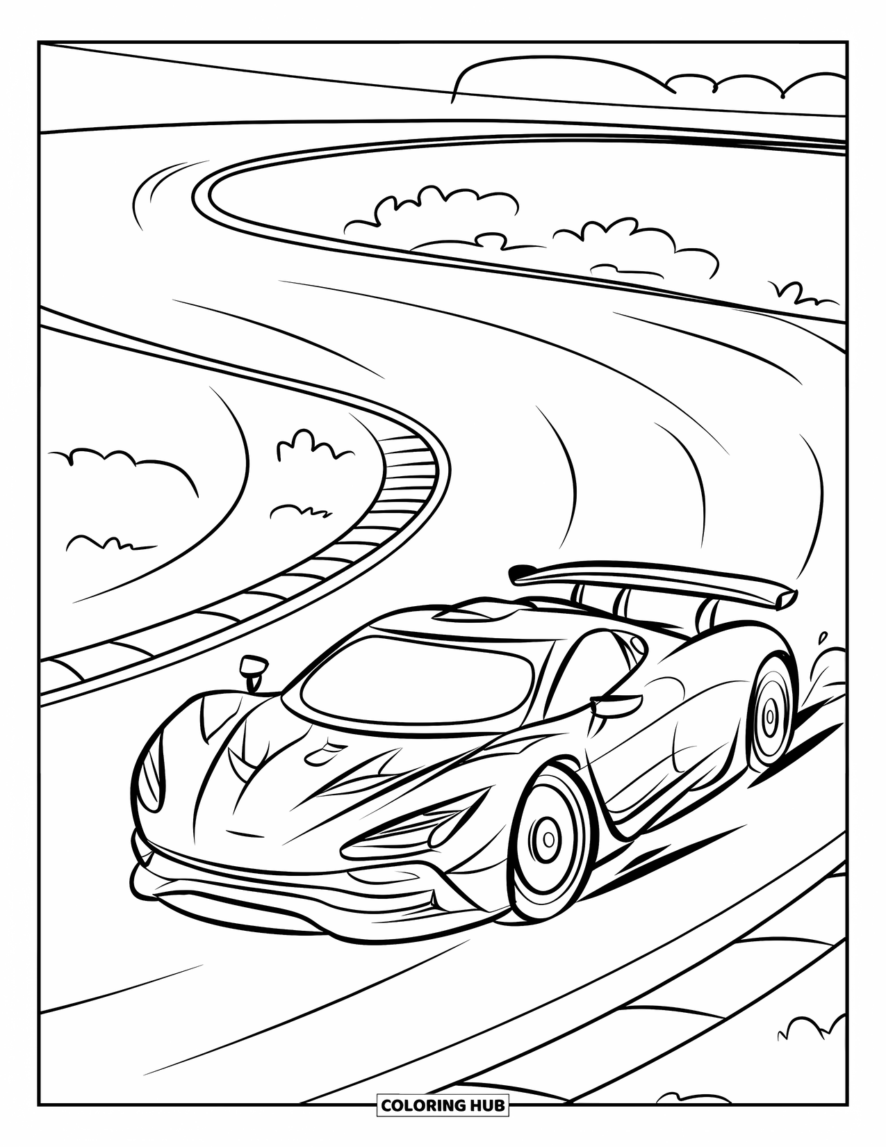 Supercar Coloring Page for Kids: Sleek car drifts through a forest track, dust trailing behind