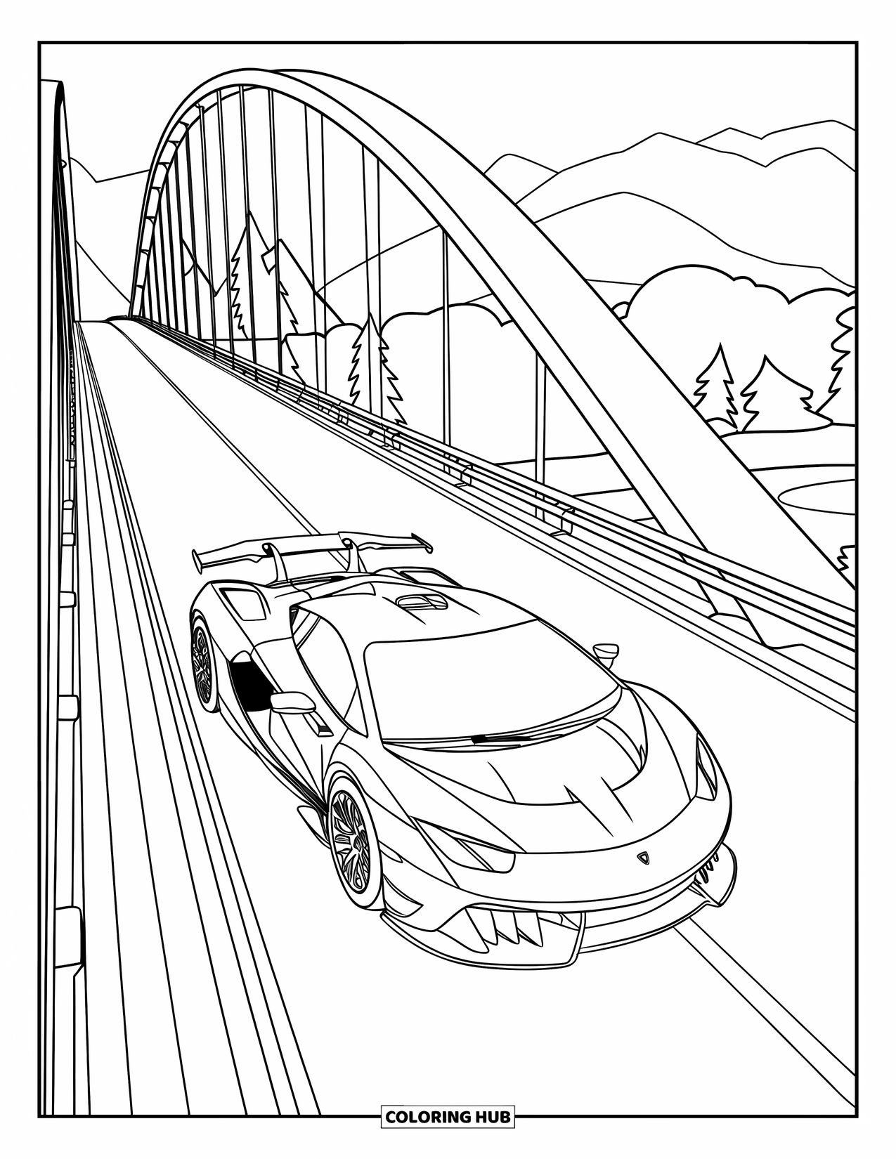 Supercar Coloring Page for Kids: Sleek supercar rolls across a bridge surrounded by nature