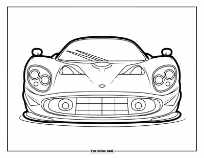 Supercarvärityskuva lapsille: Supercar edestä kuvattuna isoilla ajovaloilla ja pehmeällä maskilla