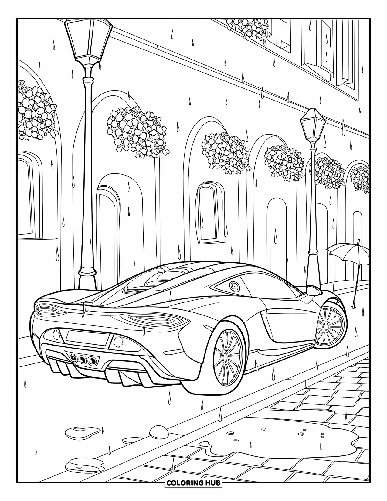 Supercar Coloring Page for Kids: Supercar parks by rainy alley with rounded windows and flower baskets