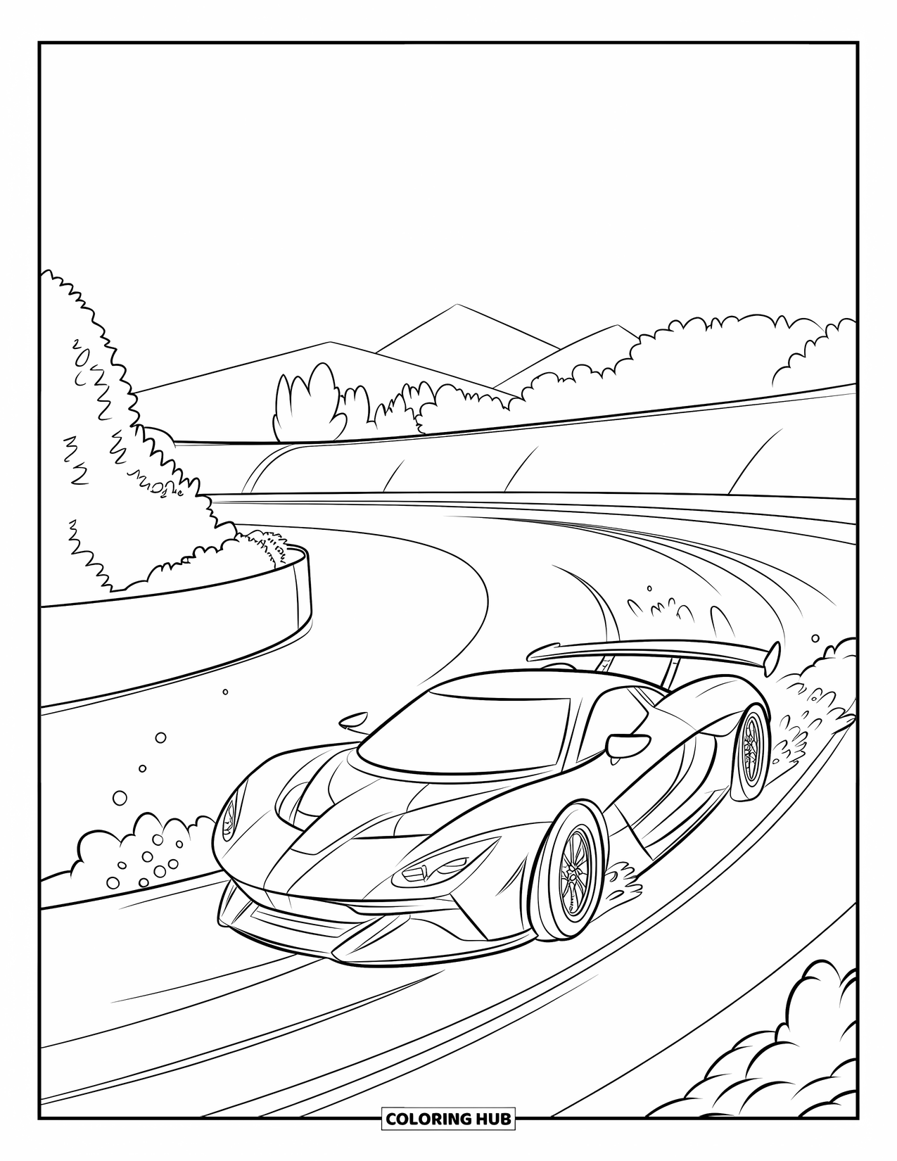 Supercar Coloring Page for Kids: Supercar powers through a curve with motion lines and dust clouds