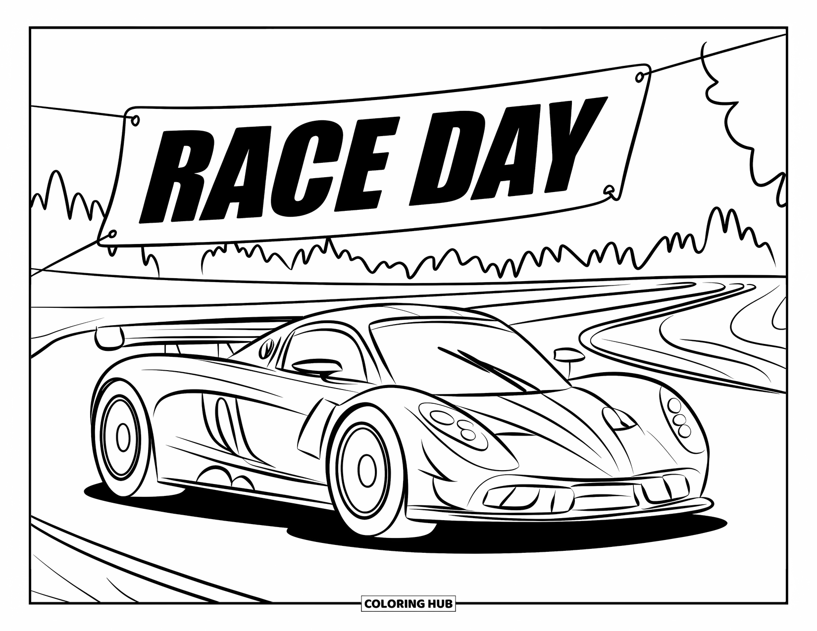 Supercar Coloring Page for Kids: Supercar sits under the race banner, ready to go