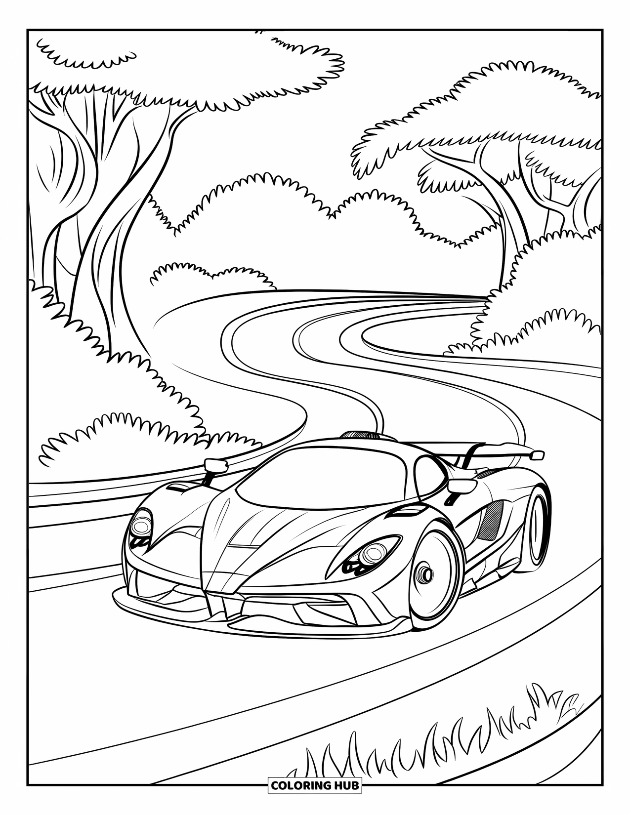 Supercar Coloring Page for Kids: Supercar with huge wheels races down a winding forest road