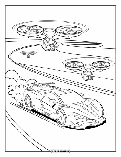 Supercarvärityskuva lapsille: Supercar viilettää lentävien droonien ohi jyrkällä kilparadalla